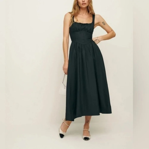 NEW Reformation Balia Linen Midi  Dress in Black | size 0 - Picture 3 of 12